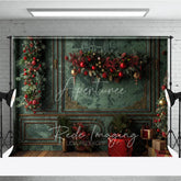 Aperturee - Aperturee Elegant Green and Gold Christmas Photography Backdrop Vintage Room with Garland Holiday Photo Background