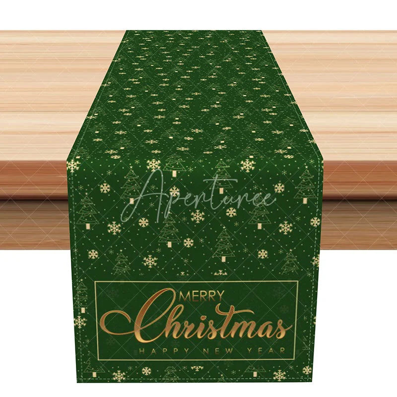 Aperturee - Aperturee Elegant Green and Gold Christmas Table Runner ’Merry Christmas’ with Trees Holiday Dining Decor