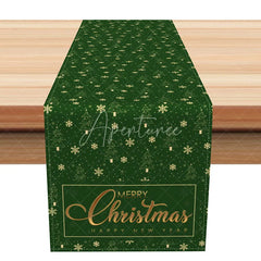 Aperturee - Aperturee Elegant Green and Gold Christmas Table Runner ’Merry Christmas’ with Trees Holiday Dining Decor
