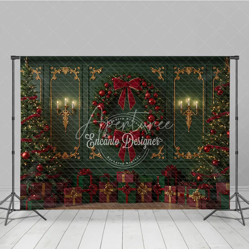 Aperturee - Aperturee Elegant Green and Red Christmas Photography Backdrop Classic Wall with Gold Accents Holiday Photo Background