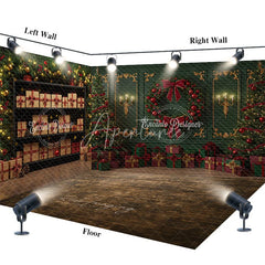 Aperturee - Aperturee Elegant Green and Red Christmas Room Set Backdrop with Gift Wall Wreath and Wood Floor Holiday Photo Studio