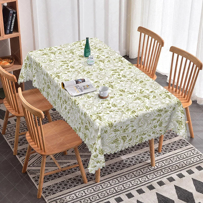 Aperturee - Aperturee Elegant Green Botanical Rectangle Tablecloth Beige Paisley Inspired Print Farmhouse Kitchen Dining Decor
