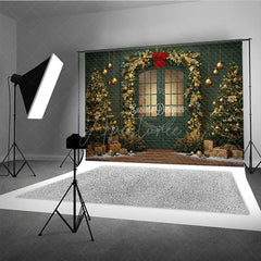 Aperturee - Aperturee Elegant Green Christmas Door Photography Backdrop Gold Garland Arch in Snow Holiday Mini Session Background