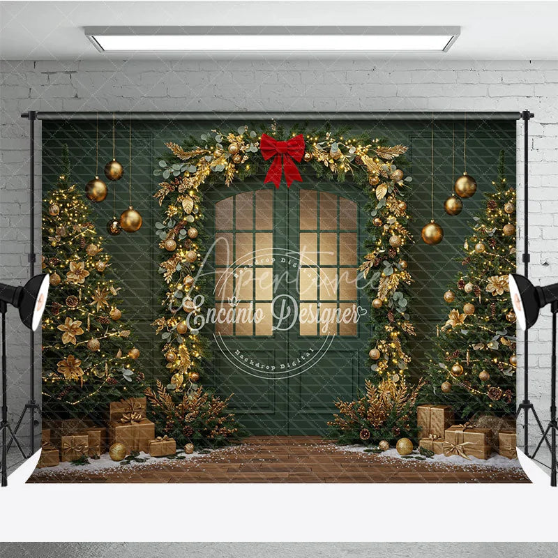 Aperturee - Aperturee Elegant Green Christmas Door Photography Backdrop Gold Garland Arch in Snow Holiday Mini Session Background