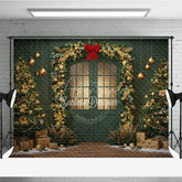Aperturee - Aperturee Elegant Green Christmas Door Photography Backdrop Gold Garland Arch in Snow Holiday Mini Session Background