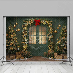 Aperturee - Aperturee Elegant Green Christmas Door Photography Backdrop Gold Garland Arch in Snow Holiday Mini Session Background
