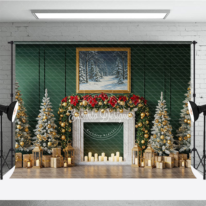 Aperturee - Aperturee Elegant Green Christmas Fireplace Photography Backdrop Flocked Trees with Gold Garland Holiday Photo Background