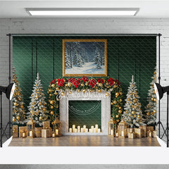 Aperturee - Aperturee Elegant Green Christmas Fireplace Photography Backdrop Flocked Trees with Gold Garland Holiday Photo Background