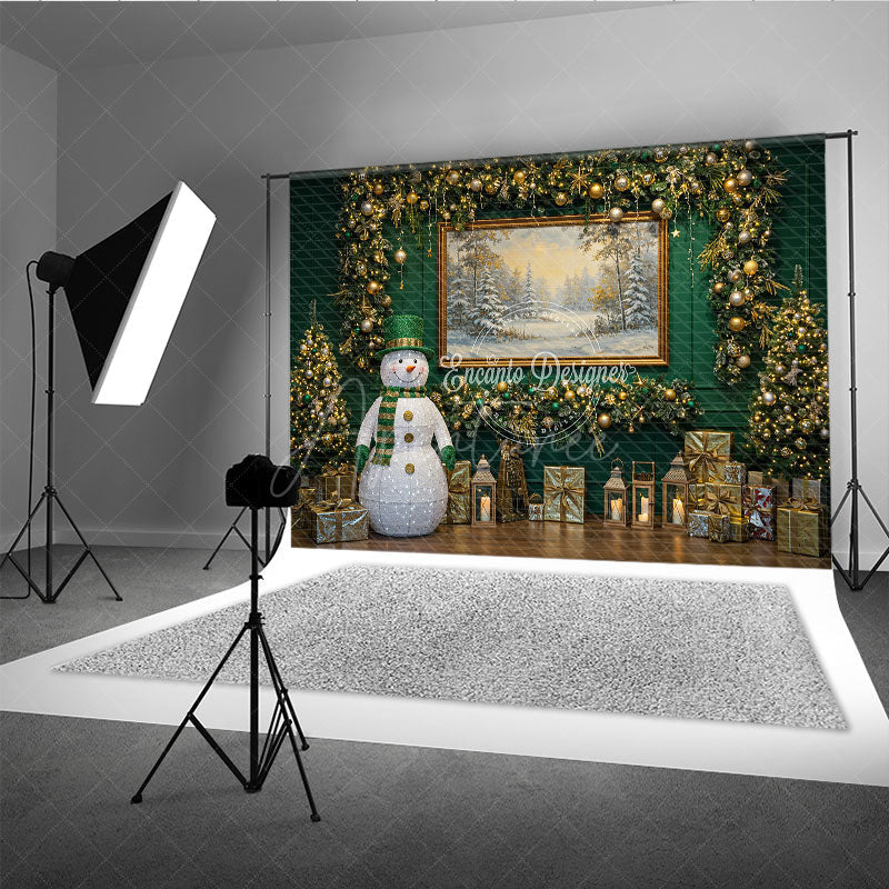 Aperturee - Aperturee Elegant Green Christmas Photography Backdrop Lighted Snowman with Gold Garland Holiday Mini Session Background