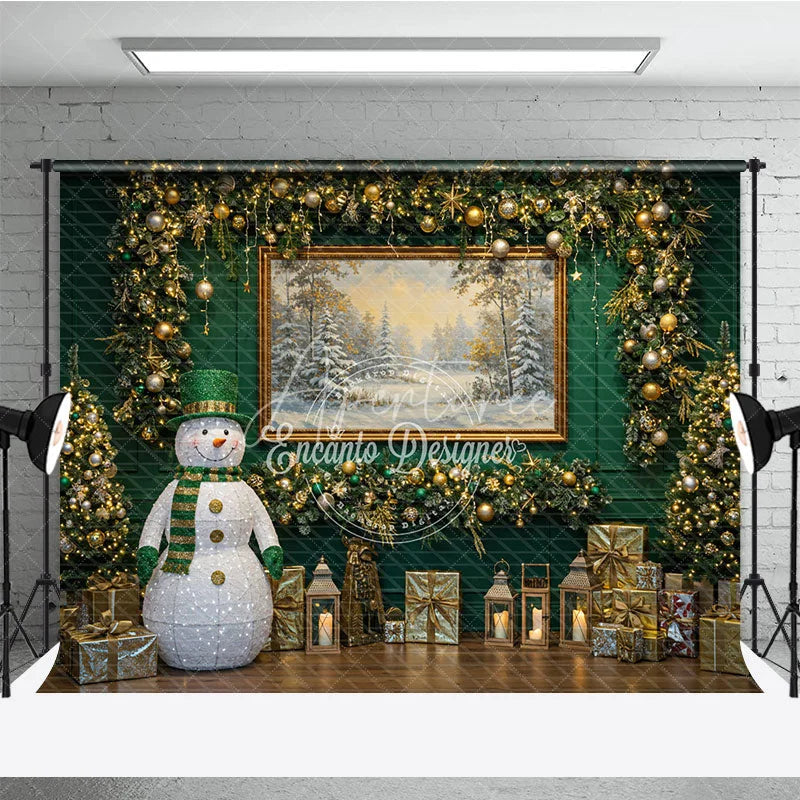 Aperturee - Aperturee Elegant Green Christmas Photography Backdrop Lighted Snowman with Gold Garland Holiday Mini Session Background