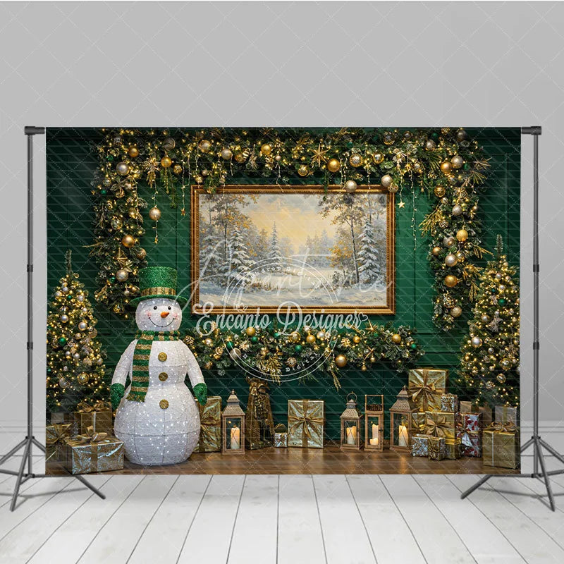 Aperturee - Aperturee Elegant Green Christmas Photography Backdrop Lighted Snowman with Gold Garland Holiday Mini Session Background