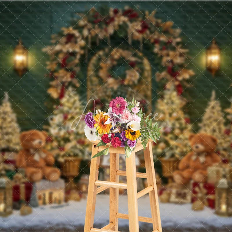 Aperturee - Aperturee Elegant Green Christmas Photography Backdrop Teddy Bears and a Miniature Village Holiday Mini Session Background