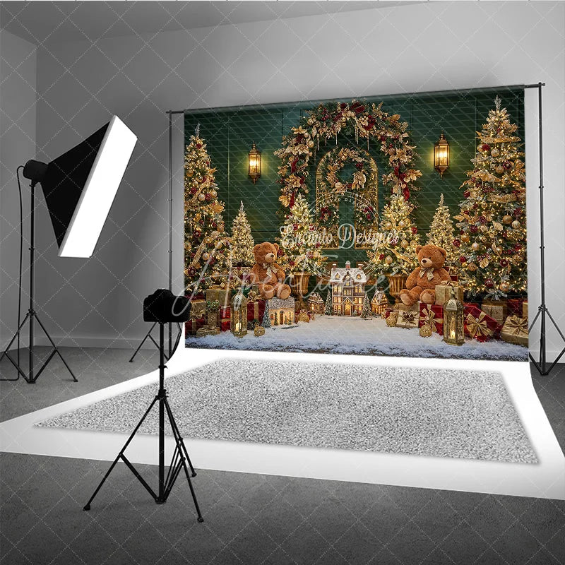 Aperturee - Aperturee Elegant Green Christmas Photography Backdrop Teddy Bears and a Miniature Village Holiday Mini Session Background