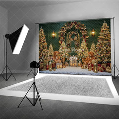 Aperturee - Aperturee Elegant Green Christmas Photography Backdrop Teddy Bears and a Miniature Village Holiday Mini Session Background