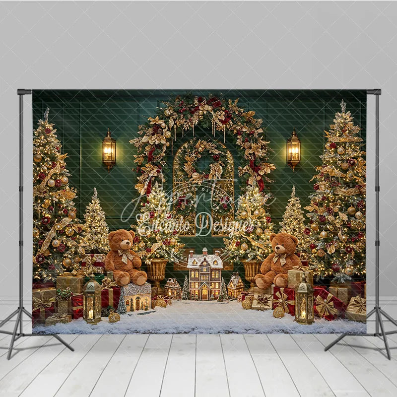 Aperturee - Aperturee Elegant Green Christmas Photography Backdrop Teddy Bears and a Miniature Village Holiday Mini Session Background