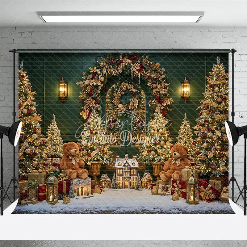 Aperturee - Aperturee Elegant Green Christmas Photography Backdrop Teddy Bears and a Miniature Village Holiday Mini Session Background