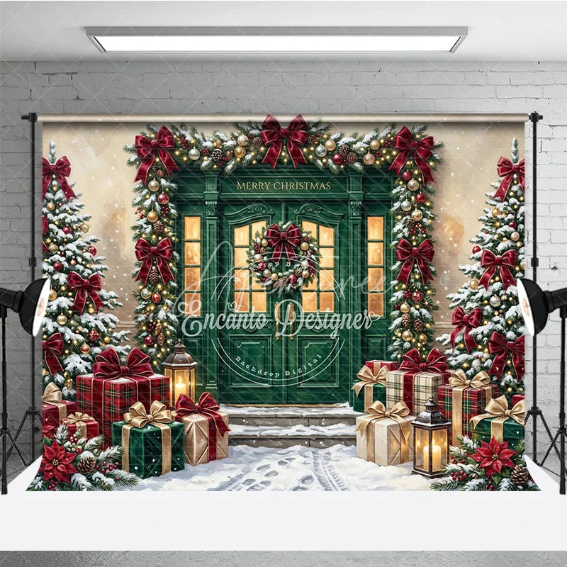 Aperturee - Aperturee Elegant Green Door Christmas Holiday Backdrop featuring Snow Covered Trees Red Bows and Wrapped Gifts Decor