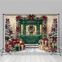Aperturee - Aperturee Elegant Green Door Christmas Holiday Backdrop featuring Snow Covered Trees Red Bows and Wrapped Gifts Decor