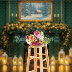 Aperturee - Aperturee Elegant Green Fireplace Photography Backdrop Gold Garland and Lanterns Luxury Christmas Photo Background