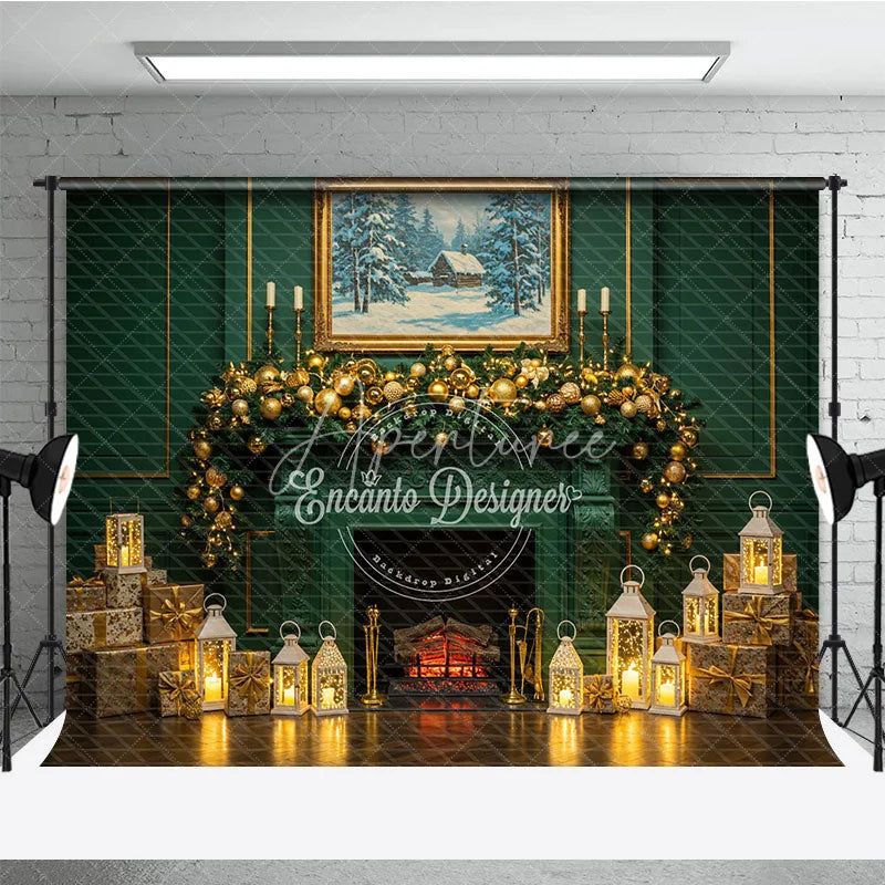 Aperturee - Aperturee Elegant Green Fireplace Photography Backdrop Gold Garland and Lanterns Luxury Christmas Photo Background