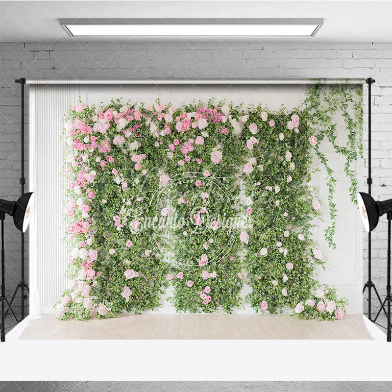 Aperturee - Aperturee Elegant Green Foliage and Pink White Roses Photography Backdrop Romantic Floral Wall Decor for Events