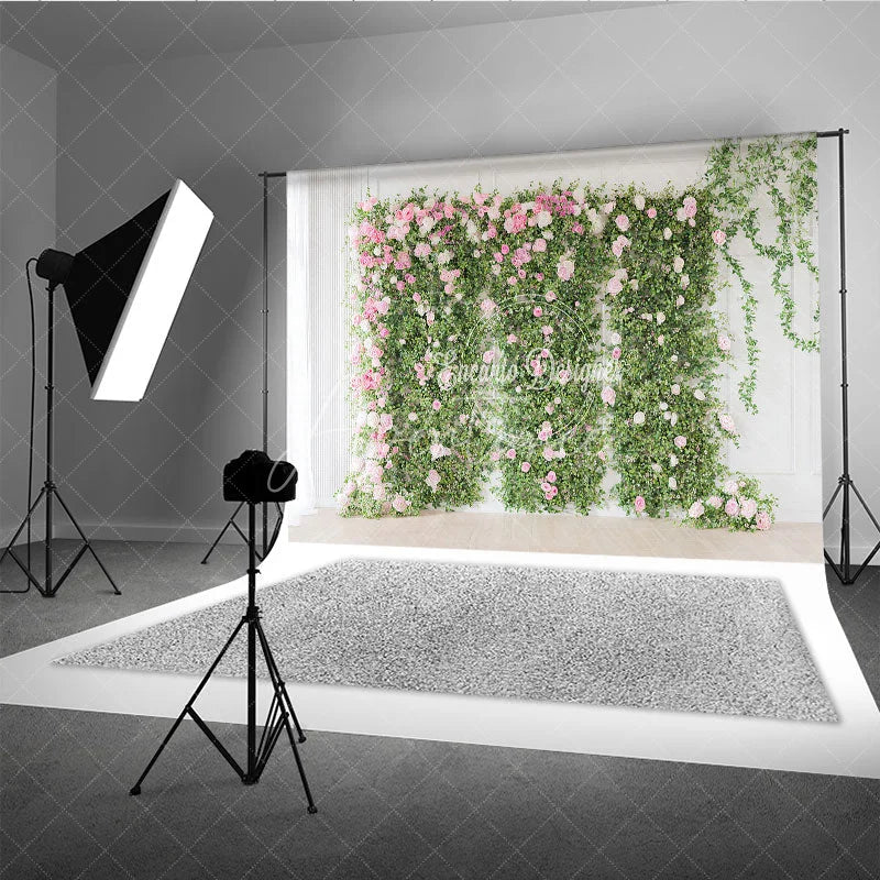 Aperturee - Aperturee Elegant Green Foliage and Pink White Roses Photography Backdrop Romantic Floral Wall Decor for Events