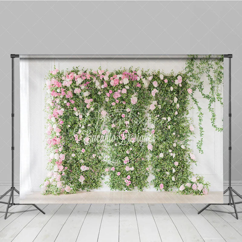 Aperturee - Aperturee Elegant Green Foliage and Pink White Roses Photography Backdrop Romantic Floral Wall Decor for Events