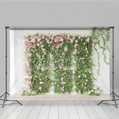 Aperturee - Aperturee Elegant Green Foliage and Pink White Roses Photography Backdrop Romantic Floral Wall Decor for Events