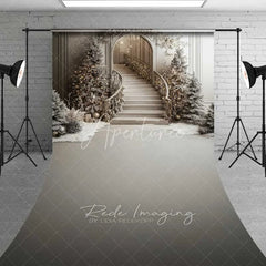 Aperturee - Aperturee Elegant Grey Staircase Sweep Backdrop Frosted Pine Trees Luxury Interior Floor Photo Background