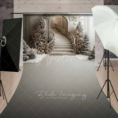 Aperturee - Aperturee Elegant Grey Staircase Sweep Backdrop Frosted Pine Trees Luxury Interior Floor Photo Background