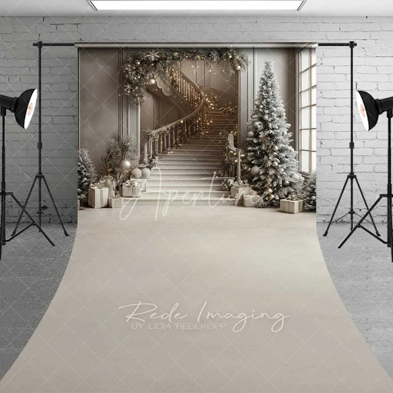 Aperturee - Aperturee Elegant Grey Staircase Sweep Backdrop White Flocked Trees Presents Luxury Interior Floor Photo Background