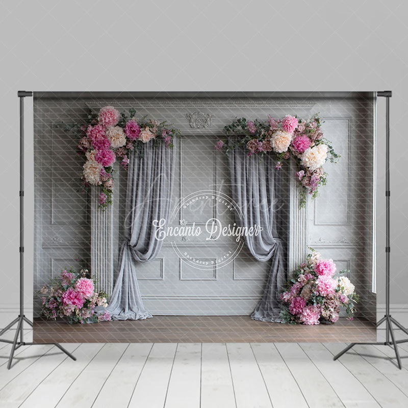 Aperturee - Aperturee Elegant Grey Wall Photography Backdrop with Pink Peonies Classical Drapes Wedding Photo Background