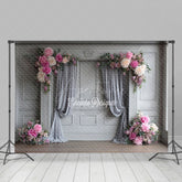 Aperturee - Aperturee Elegant Grey Wall Photography Backdrop with Pink Peonies Classical Drapes Wedding Photo Background