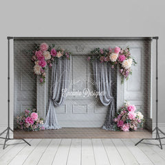 Aperturee - Aperturee Elegant Grey Wall Photography Backdrop with Pink Peonies Classical Drapes Wedding Photo Background