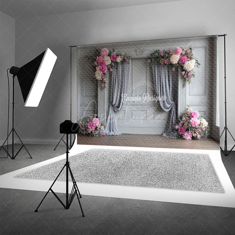 Aperturee - Aperturee Elegant Grey Wall Photography Backdrop with Pink Peonies Classical Drapes Wedding Photo Background
