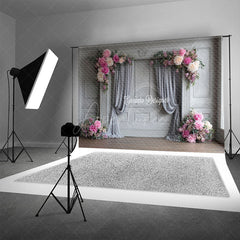 Aperturee - Aperturee Elegant Grey Wall Photography Backdrop with Pink Peonies Classical Drapes Wedding Photo Background