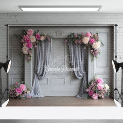 Aperturee - Aperturee Elegant Grey Wall Photography Backdrop with Pink Peonies Classical Drapes Wedding Photo Background
