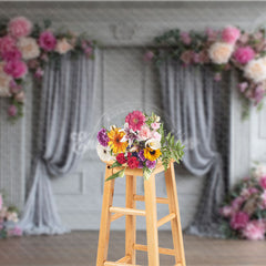 Aperturee - Aperturee Elegant Grey Wall Photography Backdrop with Pink Peonies Classical Drapes Wedding Photo Background