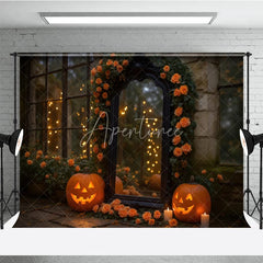 Aperturee - Aperturee Elegant Halloween Photography Backdrop with Ornate Mirror Jack-o’-Lanterns and Orange Roses Spooky Gothic Garden