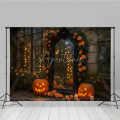 Aperturee - Aperturee Elegant Halloween Photography Backdrop with Ornate Mirror Jack-o’-Lanterns and Orange Roses Spooky Gothic Garden