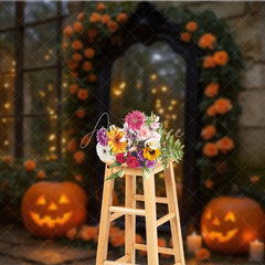 Aperturee - Aperturee Elegant Halloween Photography Backdrop with Ornate Mirror Jack-o’-Lanterns and Orange Roses Spooky Gothic Garden