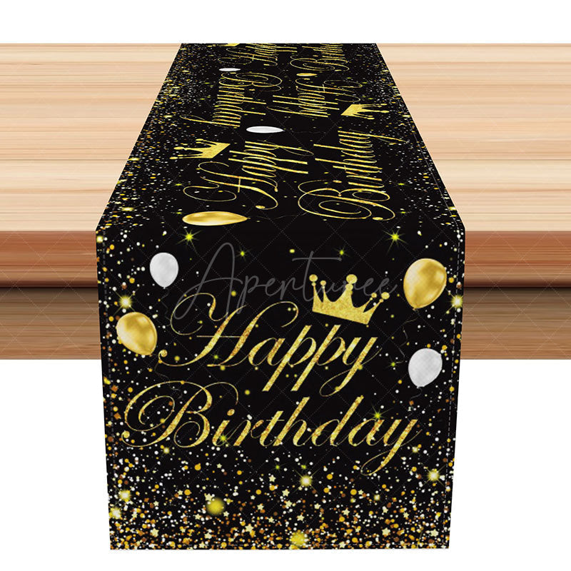 Aperturee - Aperturee Elegant Happy Birthday Table Runner with Black and Gold Glitter for Adult Milestone Birthday Party Decor