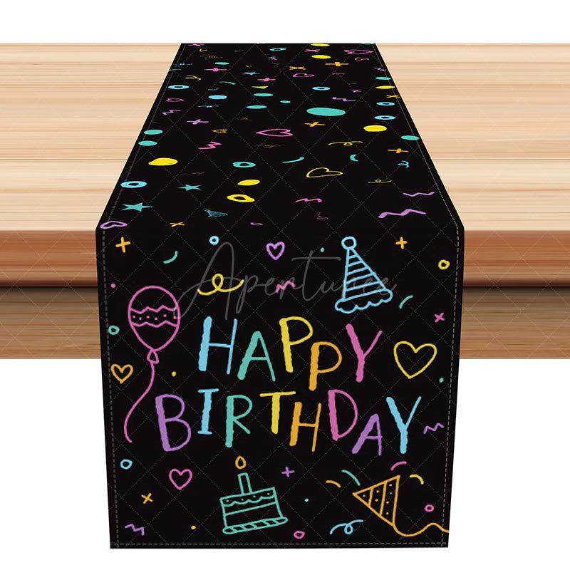 Aperturee - Aperturee Elegant Happy Birthday Table Runner with Black Ribbons and Gold Stars for Adult Party Table Decoration