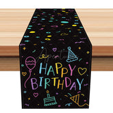 Aperturee - Aperturee Elegant Happy Birthday Table Runner with Black Ribbons and Gold Stars for Adult Party Table Decoration