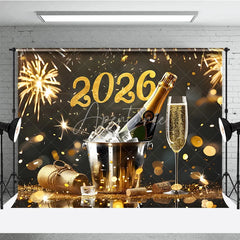Aperturee - Aperturee Elegant Happy New Year 2026 Backdrop with Champagne and Fireworks Black and Gold Glitter NYE Party Photo Booth