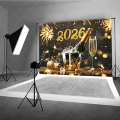 Aperturee - Aperturee Elegant Happy New Year 2026 Backdrop with Champagne and Fireworks Black and Gold Glitter NYE Party Photo Booth