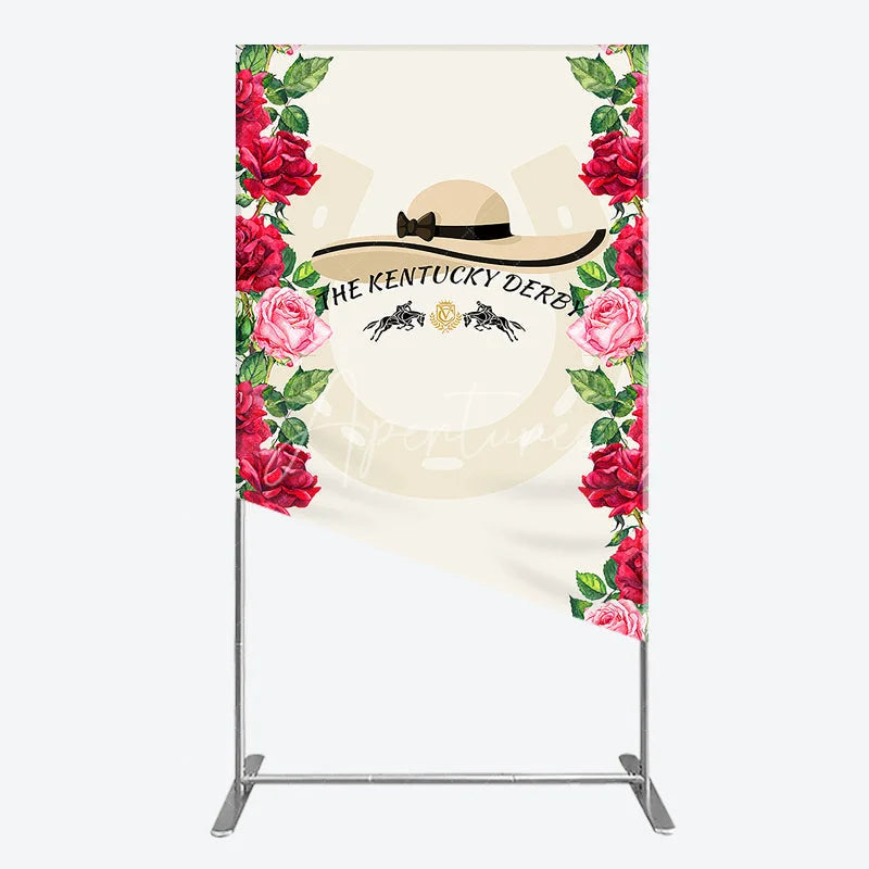Aperturee - Aperturee Elegant Horse Racing Party Rectangle Arch Backdrop featuring a Chic Hat and Vibrant Red and Pink Roses