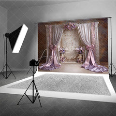 Aperturee - Aperturee Elegant Lavender and Pink Draped Curtains Photography Backdrop Romantic Floral Archway with Crystal Strings