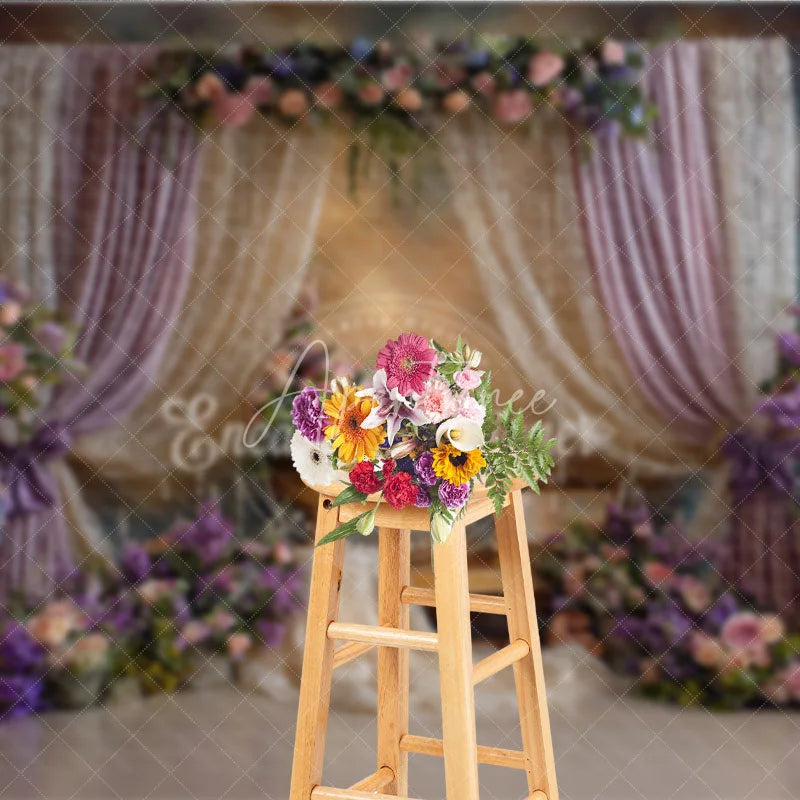 Aperturee - Aperturee Elegant Lavender Curtains and Lace Photography Backdrop Romantic Floral Arrangements for Wedding Party