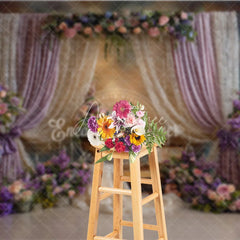 Aperturee - Aperturee Elegant Lavender Curtains and Lace Photography Backdrop Romantic Floral Arrangements for Wedding Party